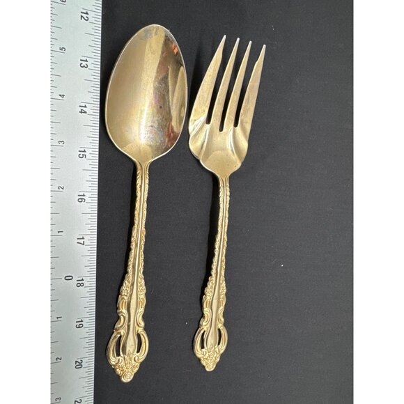 Vintage Wallace Golden Countess Baroque Serving Spoon & Fork Set 12.5" Stainless - Picture 1 of 7